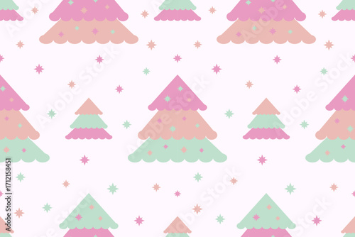 Pastel Pine tree seamless pattern.Scandinavian woodland folk design.Geometric ornament.Abstract colorful background.Nature forest illustration for print decor,wallpaper,happy Christmas holiday.
