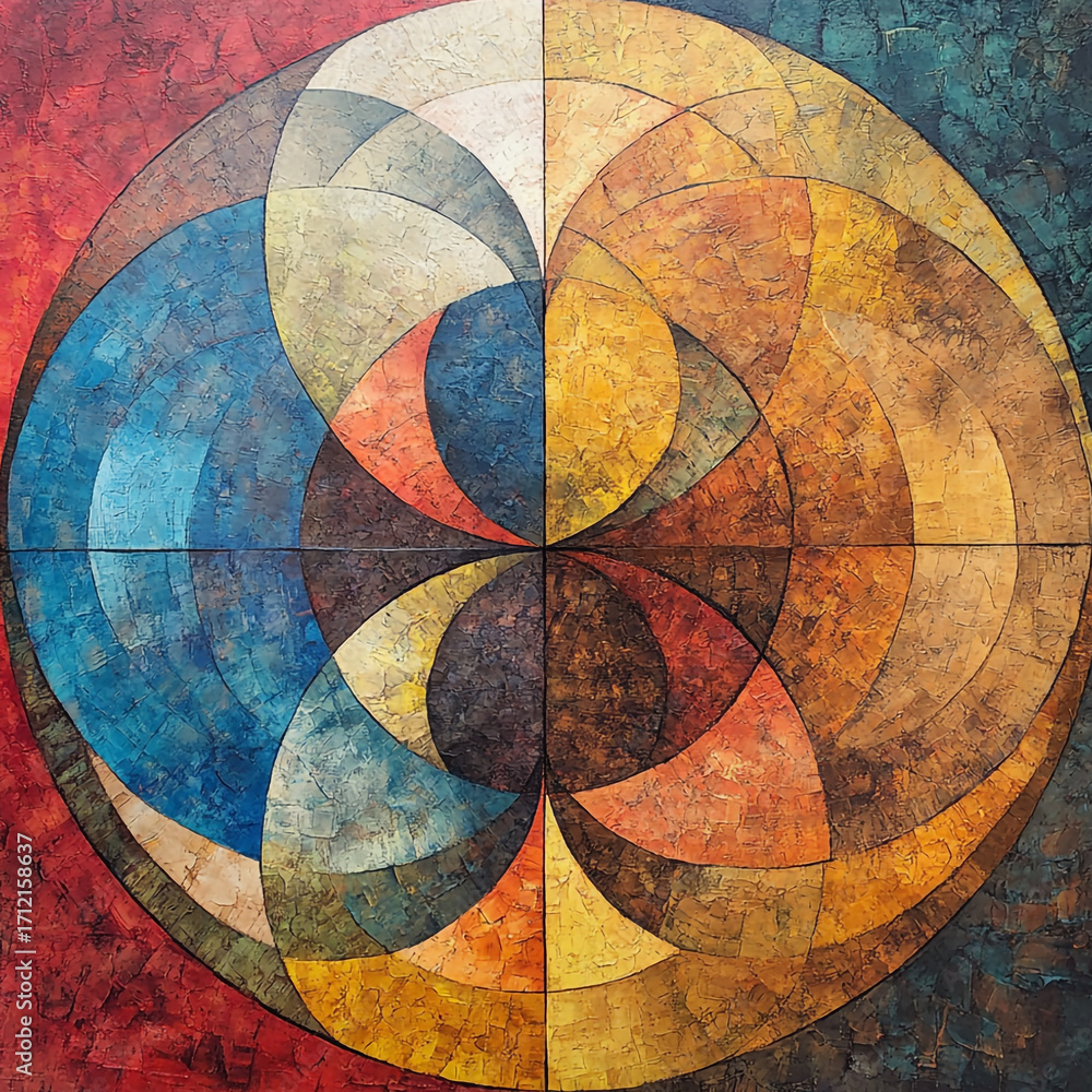 Fototapeta premium Abstract geometric circle artwork with vibrant textures and overlapping shapes