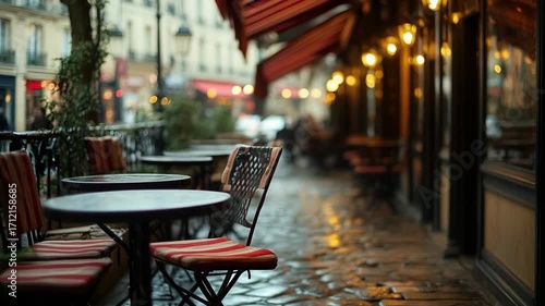 Cozy outdoor cafe with warm fairy lights and vibrant street scene