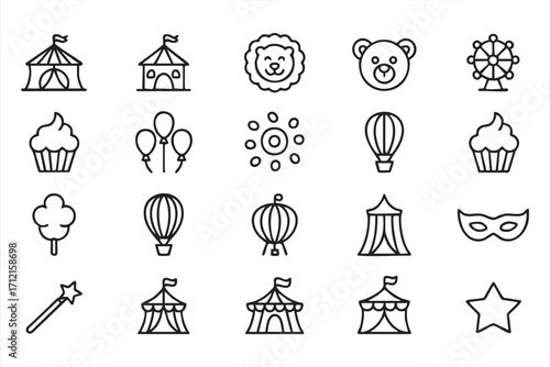 Carnival and circus tent doodle symbols for show, party, and event graphics
