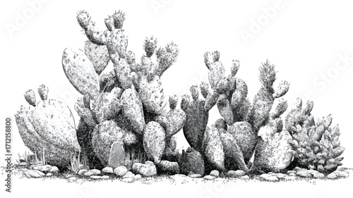 Botanical Stippling Cactus Art with Desert Sun - Professional Adobe Stock Photo