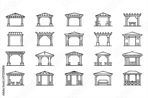 Pavilion and gazebo doodle icon collection for outdoor and decorative structure design