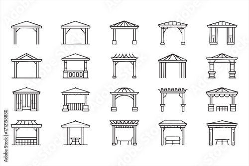 Outdoor gazebo and decorative structure icons for garden and architecture graphics