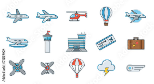 Airplane Helicopter Air Travel Icons Set.