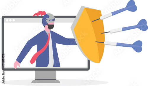 Man hold shield on laptop guarding against cyber attack in flat design

