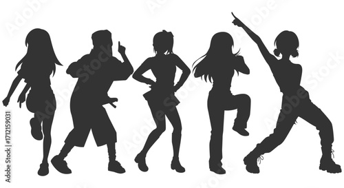 Set silhouette illustrations of kpop idols singing and dancing on stage. Flat vector kpop music star. Modern group dancers with various different styles, poses and choreography. Korean pop cultures.