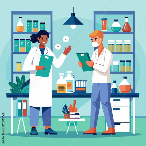 Scientists collaborating in a modern laboratory setting with colorful experiments