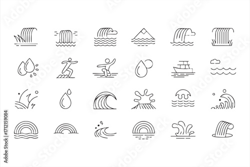 Collection of water and marine doodle icons for travel, beach, and holiday use