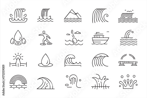Water wave and ocean vector icon set for sea, surf, and summer design graphics