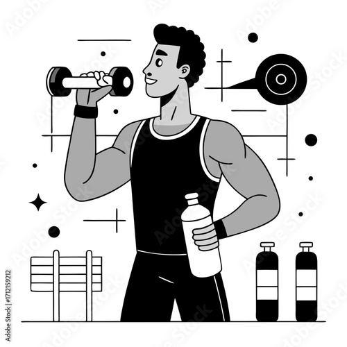Man exercising with dumbbell and water bottles