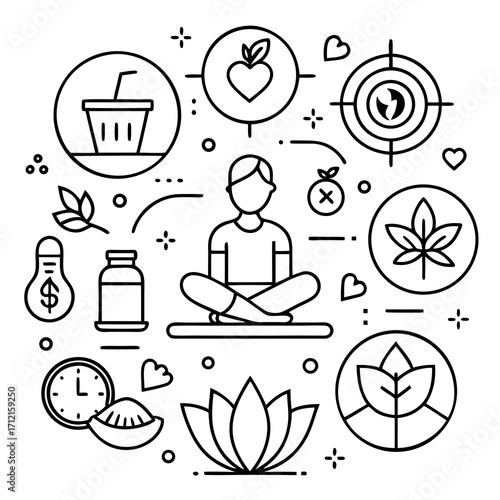Wellness and healthy lifestyle icons arranged in a circle