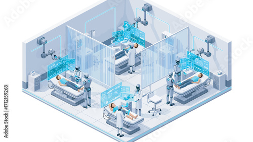 Medical team performs robotic surgery in modern operating room with advanced technology and sterile environment, showcasing precision and innovation.