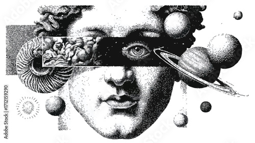 Surreal Cosmic Stippling Portrait with Intriguing Elements