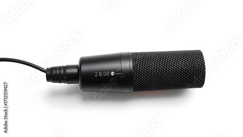 A professional microphone isolated on white, showcasing its sleek design and XLR connector.
