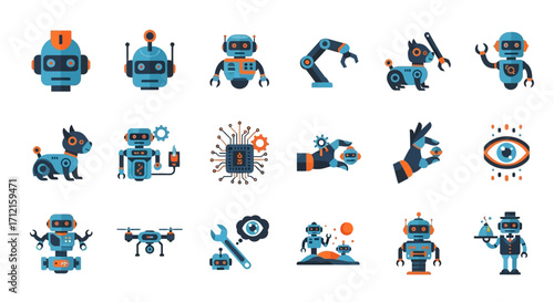 Collection of various robot designs and related technology elements.