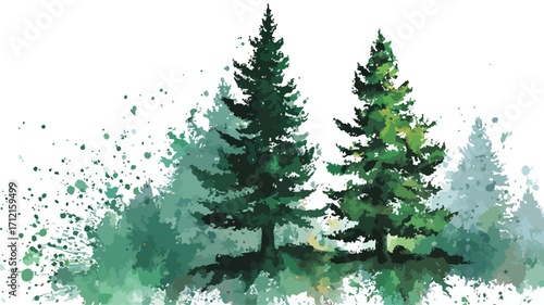 Peaceful Watercolor Painting of Lush Green Pine Trees