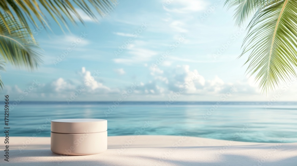 Obraz premium a hand cream product in a tropical beach scene