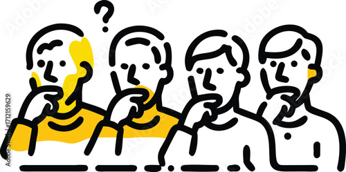 Four people thinking with yellow accents and question mark group questioning