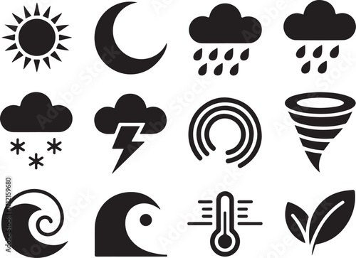 Diverse weather icons for forecasts and climate reports
