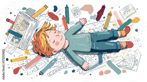 Child lying on back surrounded by toys - Top view professional photo