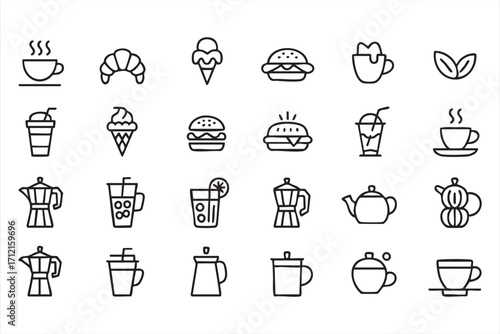 Coffee, tea, and snack doodle icons vector set for cafe and restaurant menu design