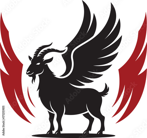 Black winged goat with red wing accents on white background wings