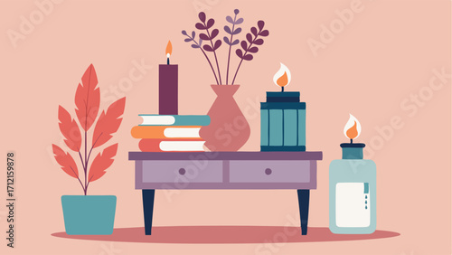 A side table adorned with a scented candle a vase of dried flowers and a stack of books.
