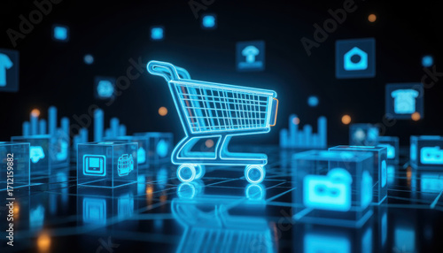 Neon Shopping Cart in Digital World