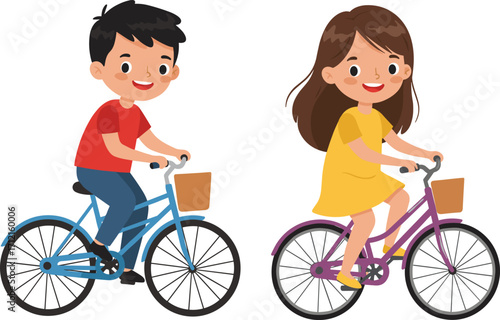Cartoon boy and girl riding bicycles, happy kids cycling together, fun outdoor activity, summer bike ride, children smiling illustration
