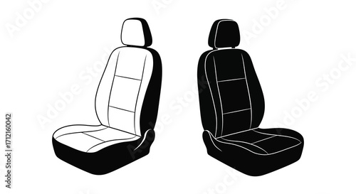 Two car seats depicted in black and white contrasting designs shown