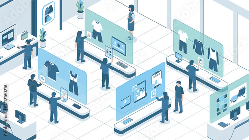 People interact with digital displays showcasing clothing and electronics in a modern retail store, highlighting the integration of technology and shopping experience.