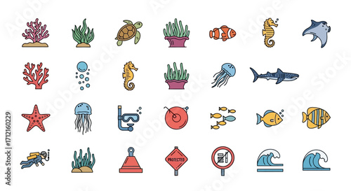 Underwater Sea Life Icons and Symbols Collection.