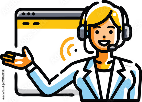 Friendly blonde woman with headset and screen illustration blonde hair