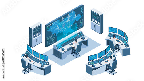 Control room operators monitor network activity in a hightech facility, ensuring seamless operations and data security with advanced technology and constant vigilance.