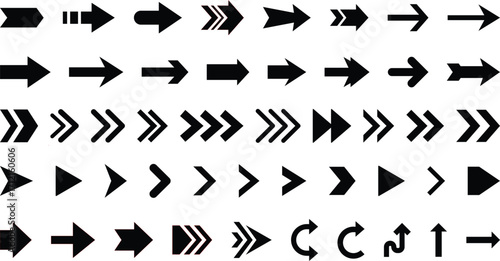 A versatile and modern collection of black vector arrows. This comprehensive set includes a variety of styles for different uses, such as directional indicators, cursors, and navigation symbols. Perfe