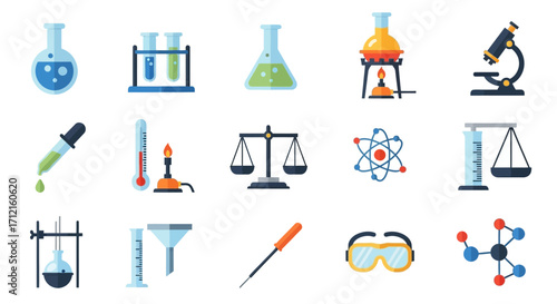 Collection of colorful chemistry laboratory equipment icons set.