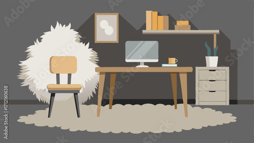 A fluffy sheepskin rug brings a cozy and luxurious touch to a home office with a modern desk and neutral color palette.