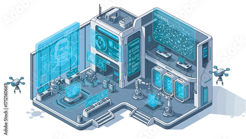 Isometric laboratory conducts scientific research with advanced technology and holographic displays, showcasing innovation and futuristic exploration.