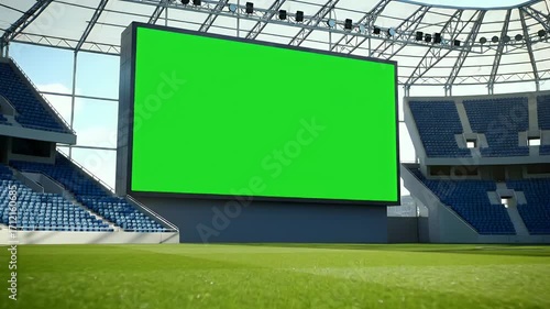 Modern Sports Stadium Interior with Giant Green Screen Jumbotron, Empty Seats, and Lush Grass Field, Ready for Digital Content and Event Customization