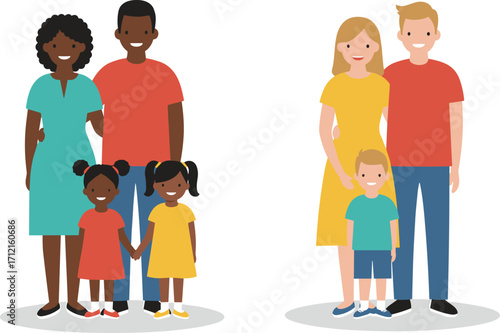 Happy family illustration, diverse parents with children, smiling cartoon people, family portrait, modern flat design, parenting, togetherness, love, lifestyle, relationship
