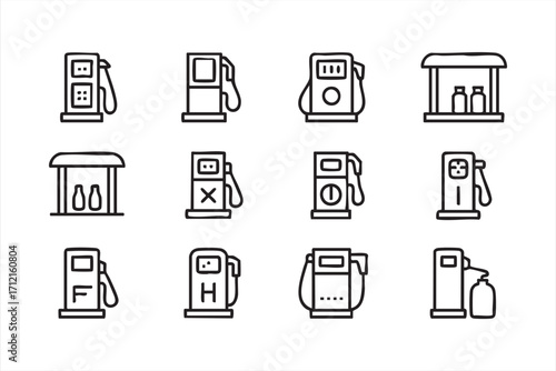 Outline automotive and refueling icons collection including energy and transport designs
