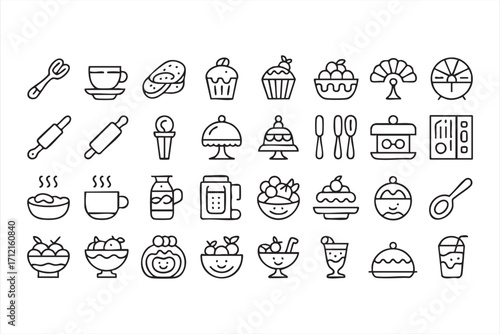 Collection of bakery and confectionery vector symbols including muffins and mousse