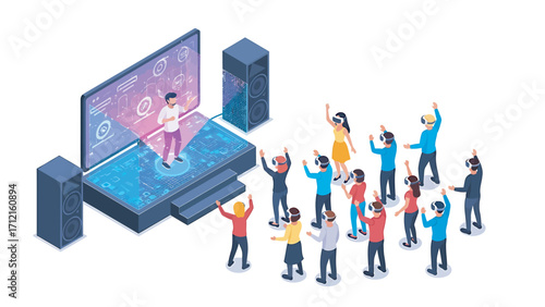 Audience wearing vr headsets watch hologram presentation on stage, experiencing immersive technology in futuristic event, creating excitement.