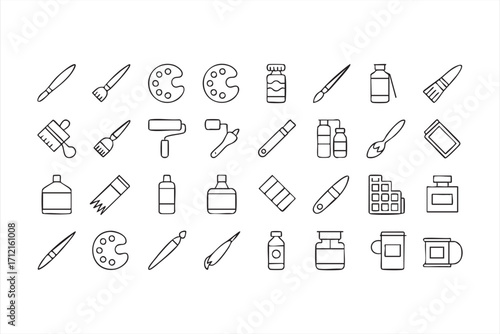 Artist and drawing supplies vector pack with palette, brushes and paint rollers symbols