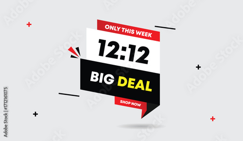 12 to 12 big deal shop now only this week editable web banner vector art illustration black white red gradient shapes white gray background design sale promotion discount offer
