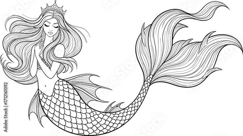 Beautiful mermaid princess line art, elegant ocean fantasy drawing, mythical sea creature illustration, underwater fairy tale artwork, decorative marine coloring design