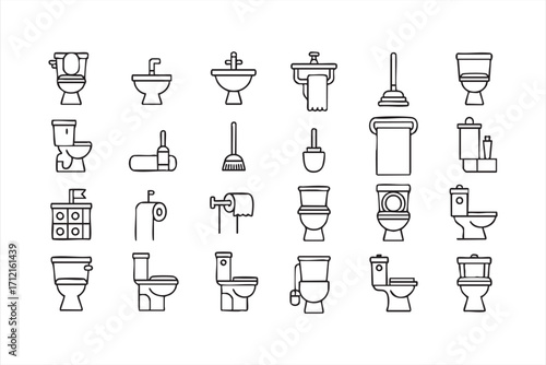 Vector illustration of sanitary and bathroom line icons for plumbing, hygiene and household use