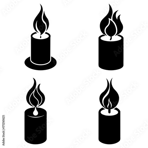 Illustration of four black candles with flickering flames in a simple graphic design arrangement style