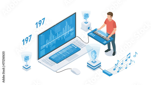 Man composes electronic music on laptop in modern studio, creating digital soundscapes with innovative technology and creative expression.