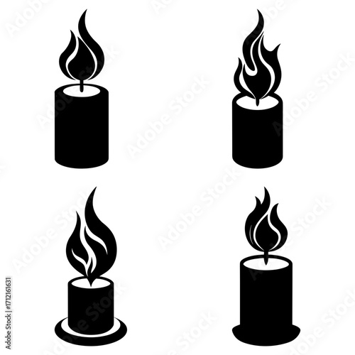 Four black and white illustrations of lit candles with varying flame styles on a white background image